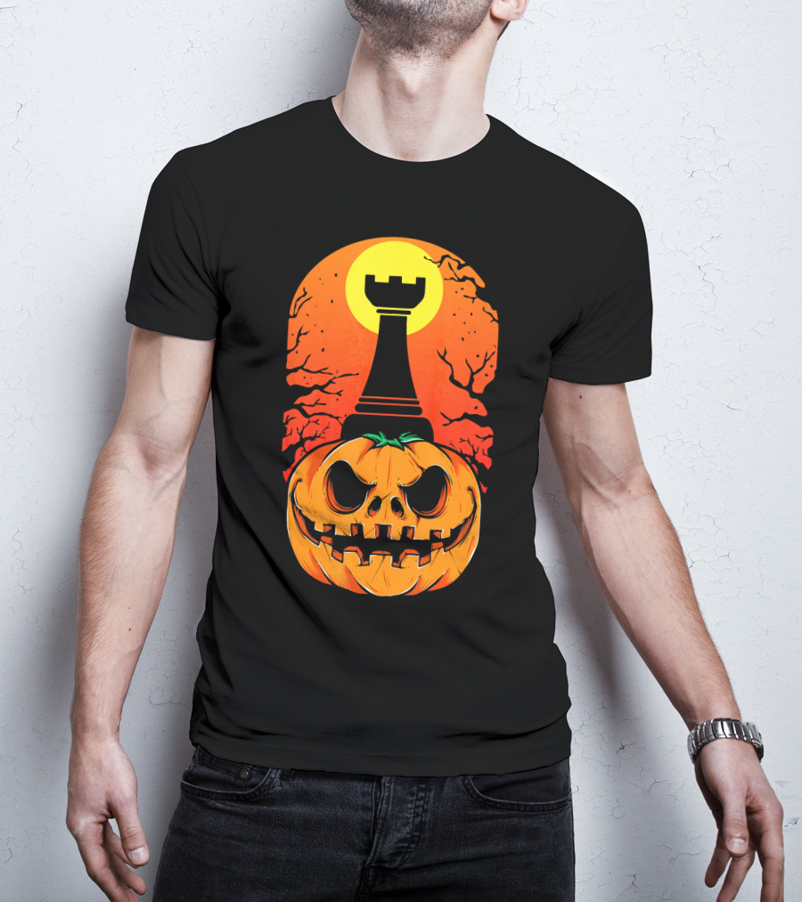 Spooky Rook Pumpkin Halloween Chess Tower Moon T-Shirt