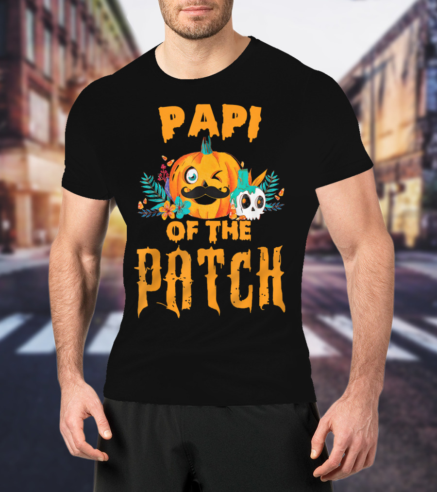 Papi Of The Patch Pumpkin Winking Mustache Skull Flowers T-Shirt