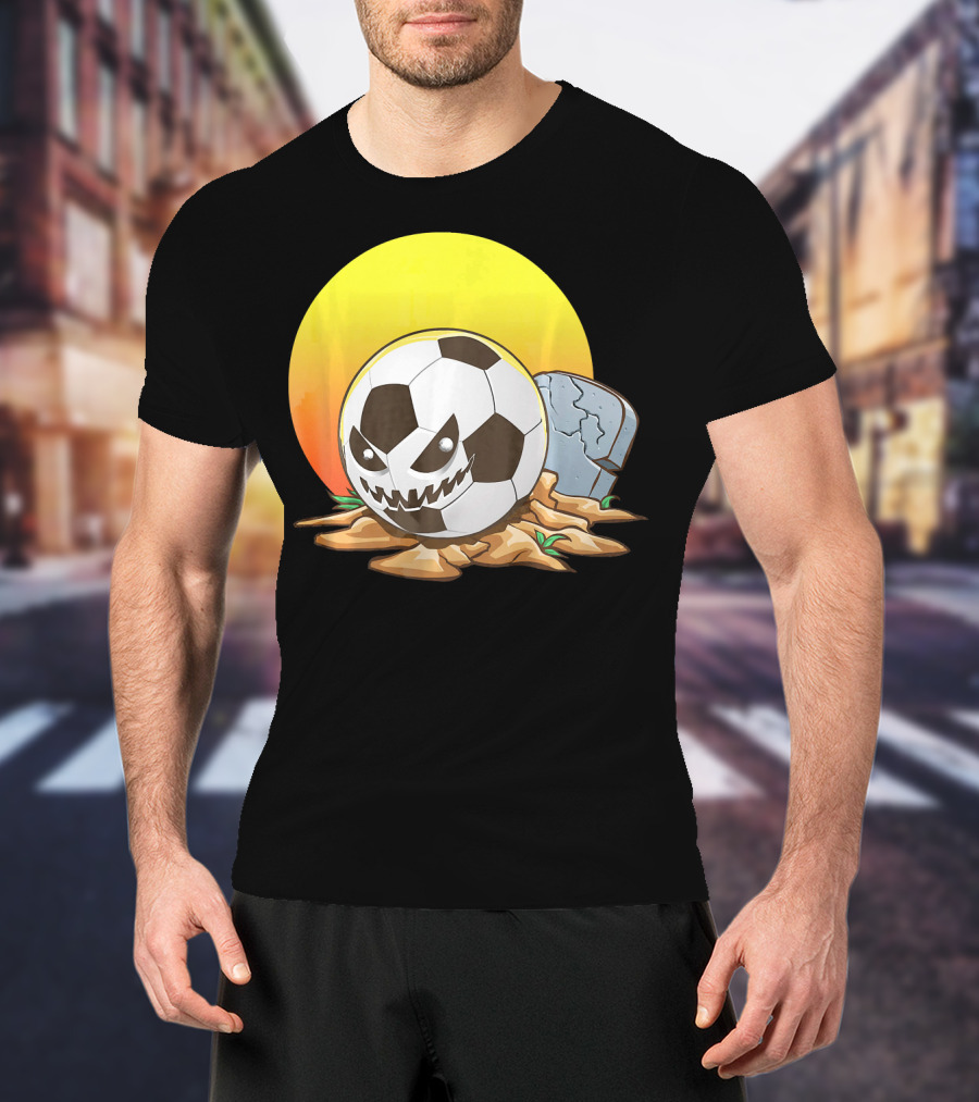 Soccer Halloween Goal With Spooky Jack-O'-Lantern Face And Graveyard Scene T-Shirt
