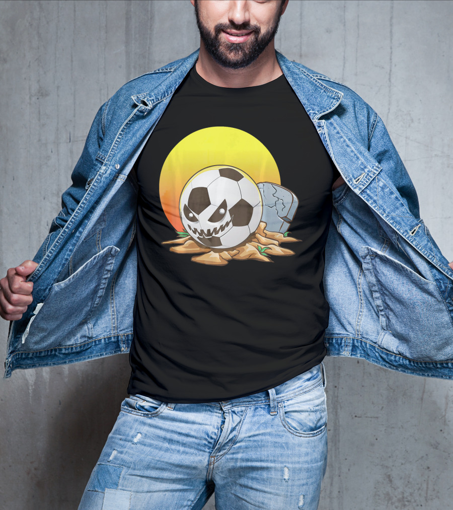 Soccer Halloween Goal With Spooky Jack-O'-Lantern Face And Graveyard Scene T-Shirt