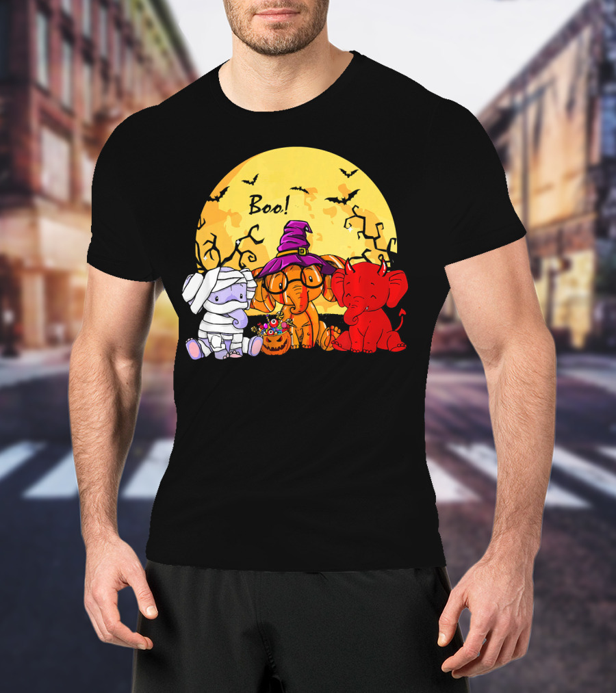 Boo Three Elephants Halloween Costume Party With Moon And Bats T-Shirt