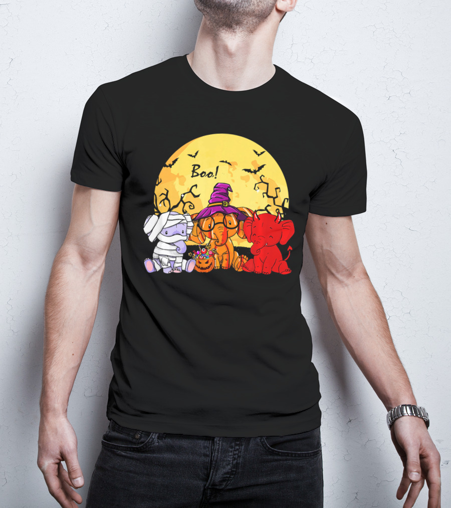 Boo Three Elephants Halloween Costume Party With Moon And Bats T-Shirt