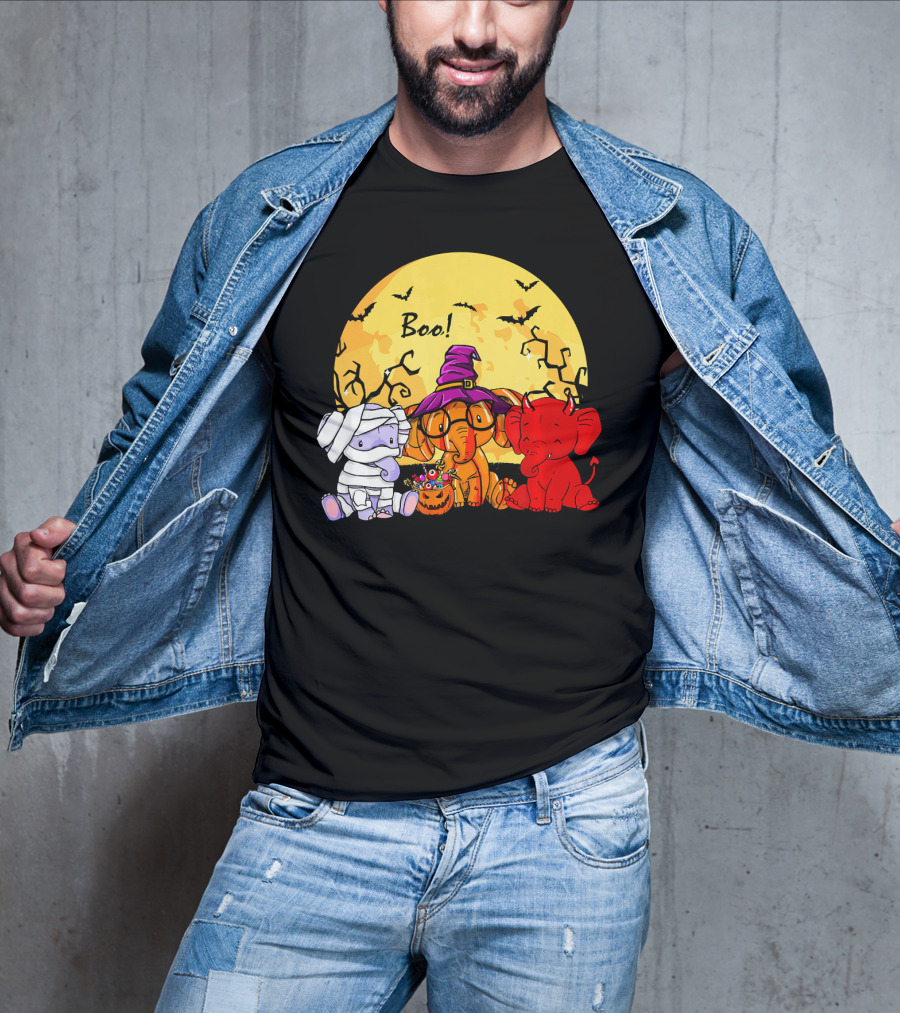 Boo Three Elephants Halloween Costume Party With Moon And Bats T-Shirt