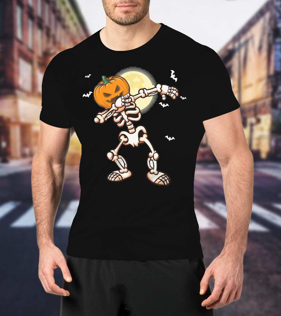 Skeleton Dabbing With Pumpkin Head And Bats T-Shirt