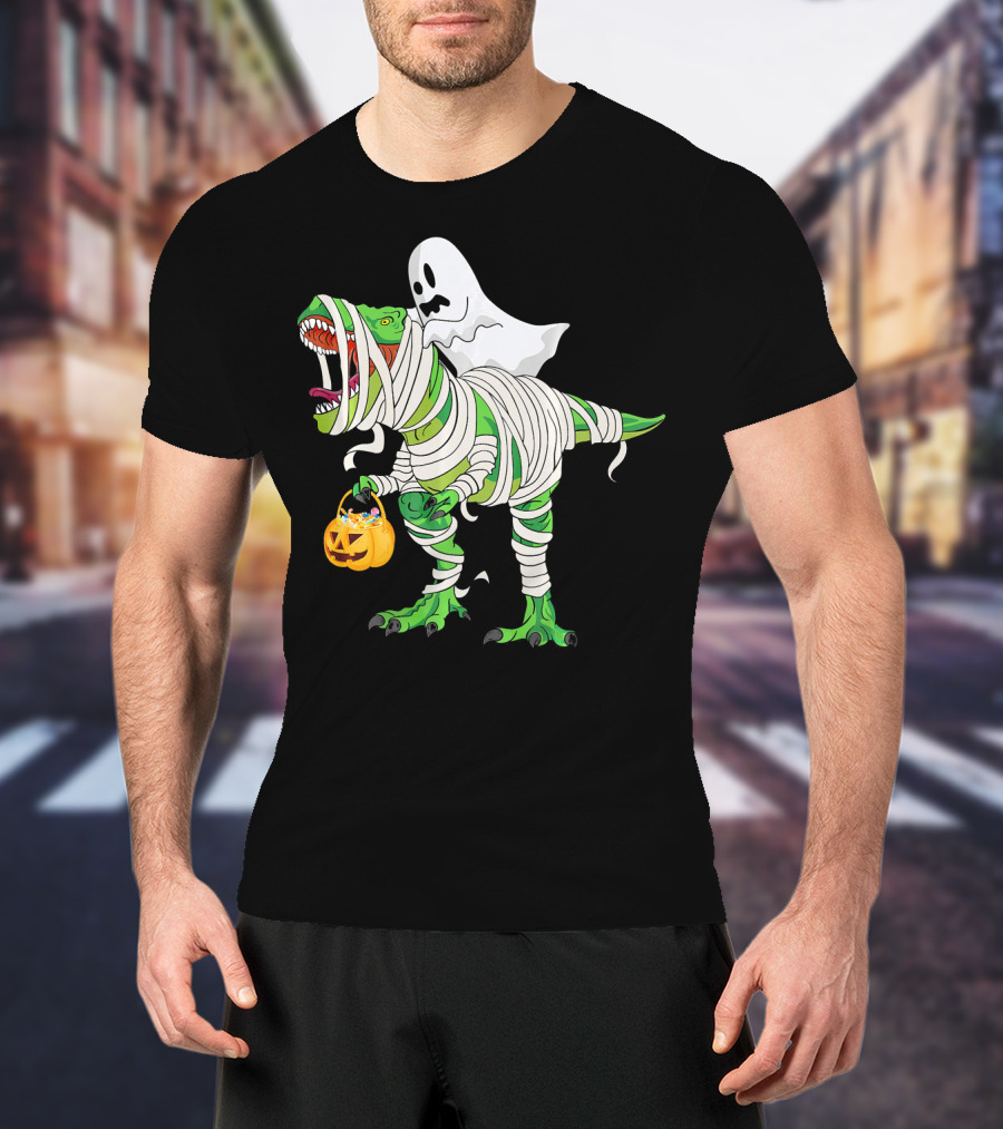 Ghost Mummy Riding T-Rex Trick Or Treat T-Shirt