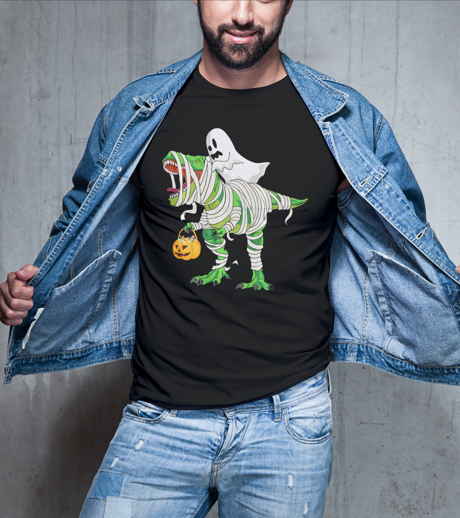 Ghost Mummy Riding T-Rex Trick Or Treat T-Shirt