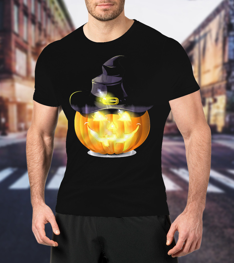 Halloween Horror Pumpkin Witch Hat Glowing Face T-Shirt