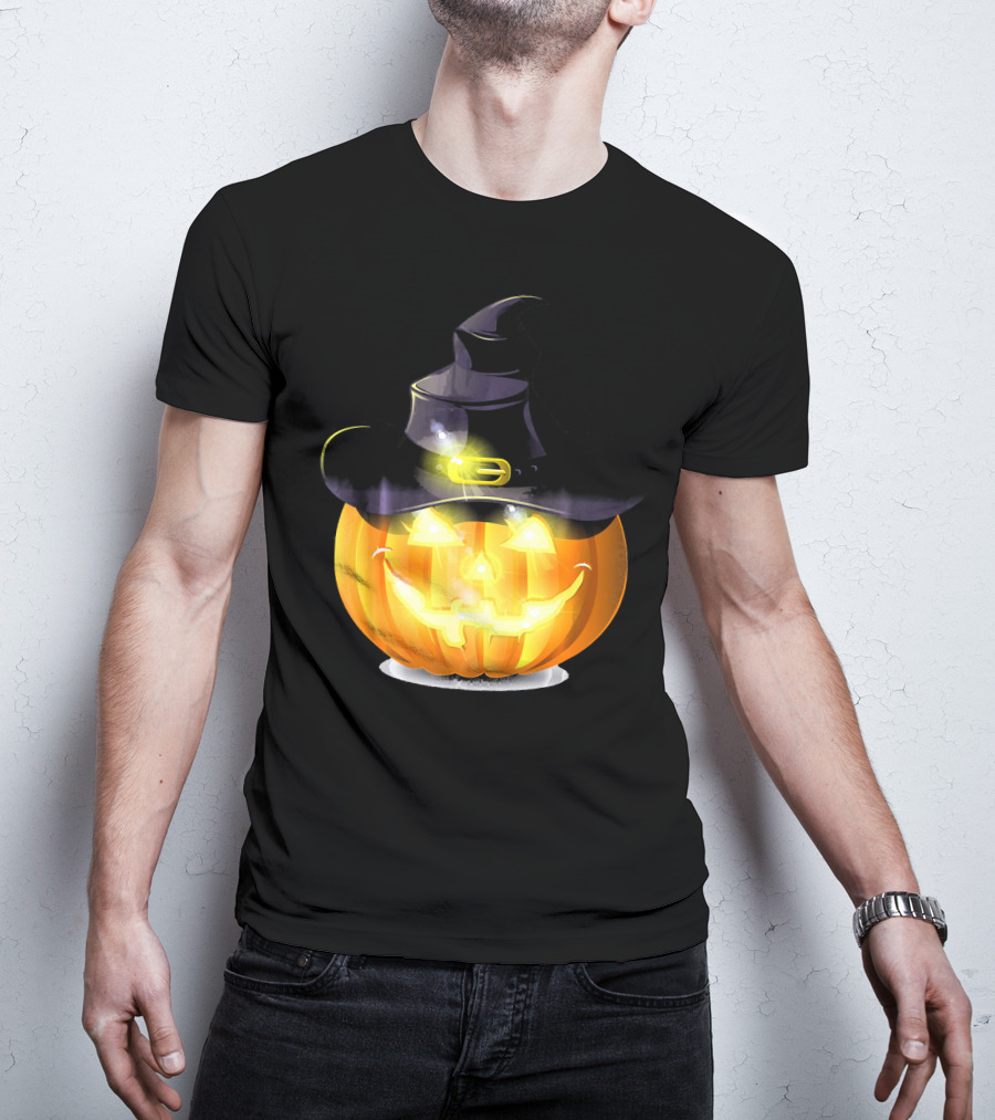 Halloween Horror Pumpkin Witch Hat Glowing Face T-Shirt