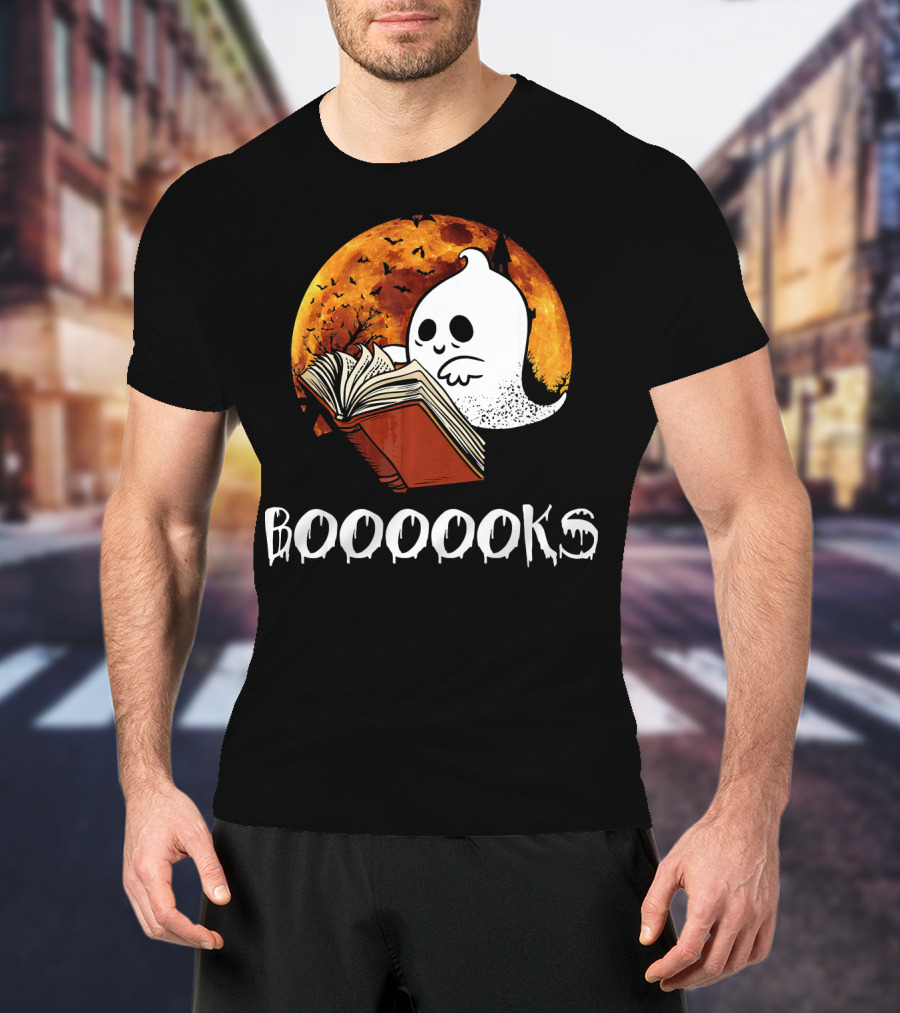 Booooooks Boo Reading Books Hall Ghost With Open Book And Moon Bats T-Shirt