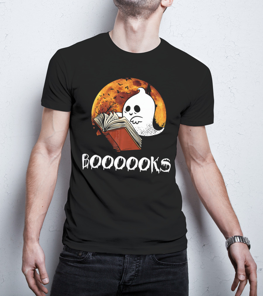 Booooooks Boo Reading Books Hall Ghost With Open Book And Moon Bats T-Shirt