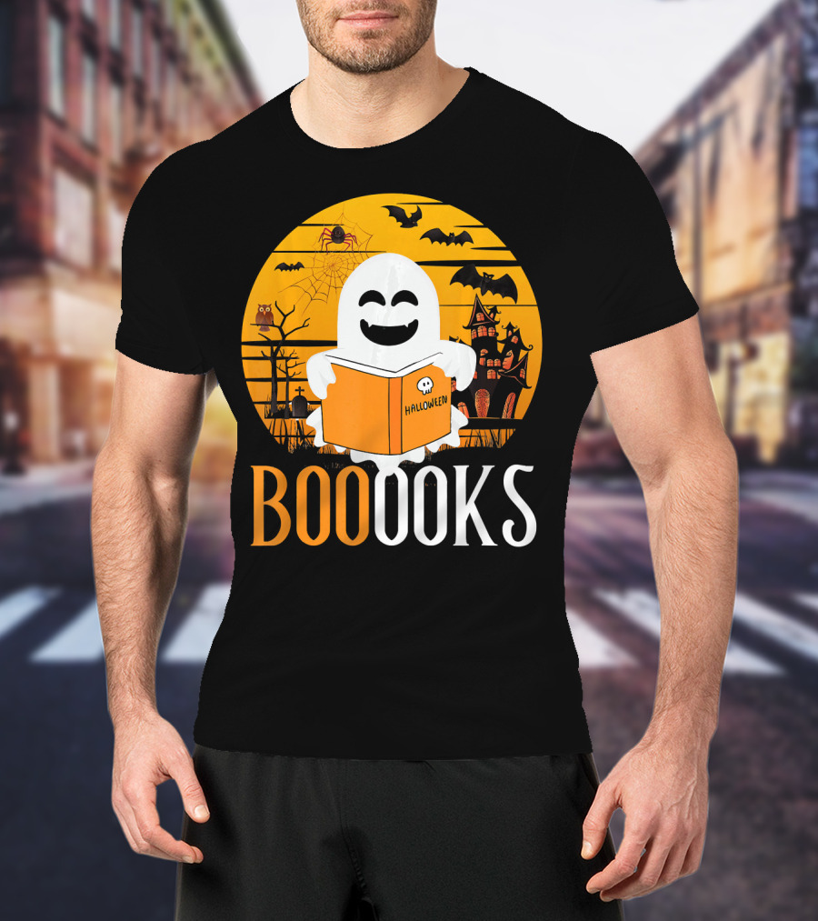Halloween Ghost Reading Booooks In Spooky Setting With Funny Teacher T-Shirt