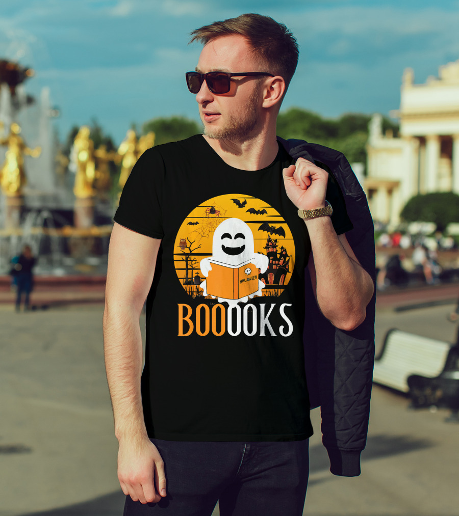Halloween Ghost Reading Booooks In Spooky Setting With Funny Teacher T-Shirt