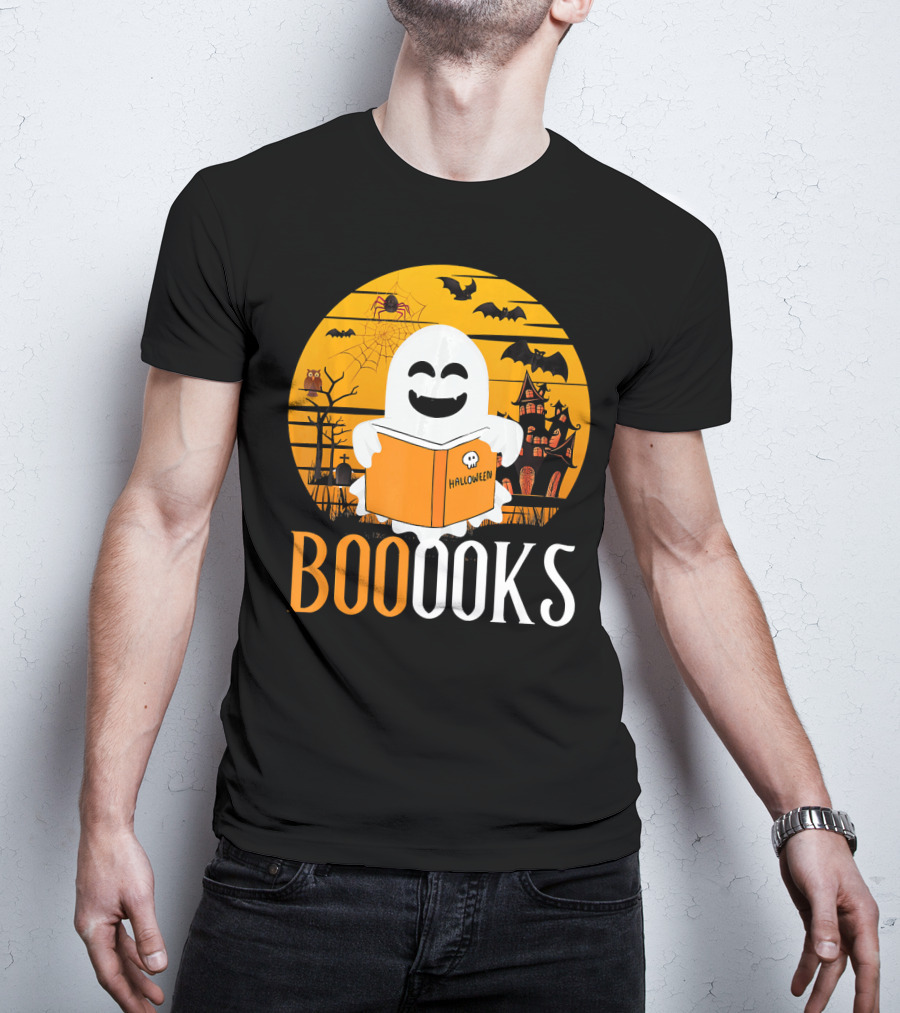 Halloween Ghost Reading Booooks In Spooky Setting With Funny Teacher T-Shirt