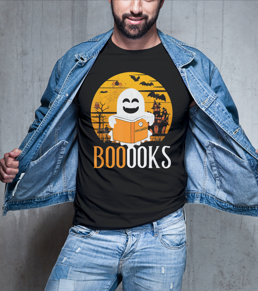 Halloween Ghost Reading Booooks In Spooky Setting With Funny Teacher T-Shirt