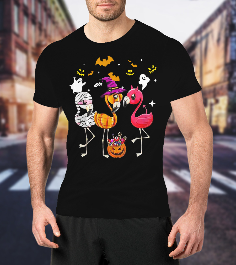 Flamingo Halloween Candy Witch Ghost Bats Pumpkin T-Shirt