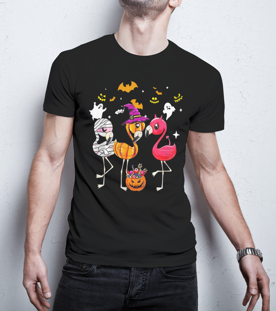 Flamingo Halloween Candy Witch Ghost Bats Pumpkin T-Shirt
