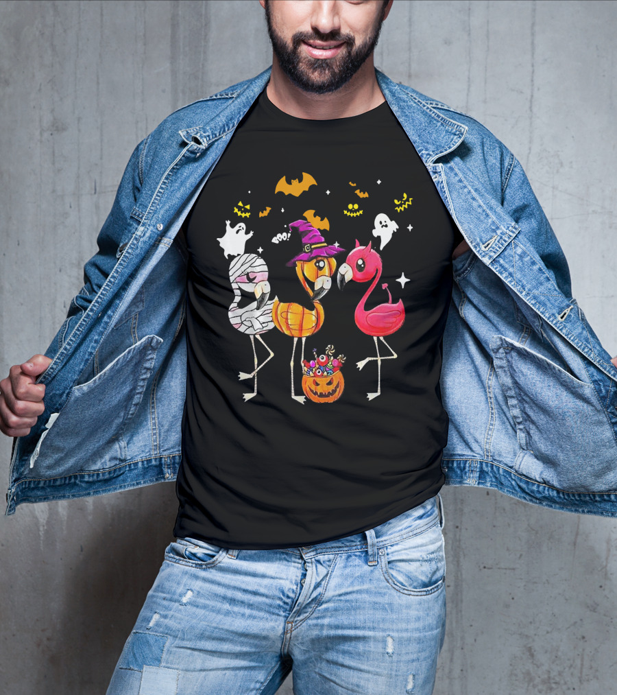 Flamingo Halloween Candy Witch Ghost Bats Pumpkin T-Shirt