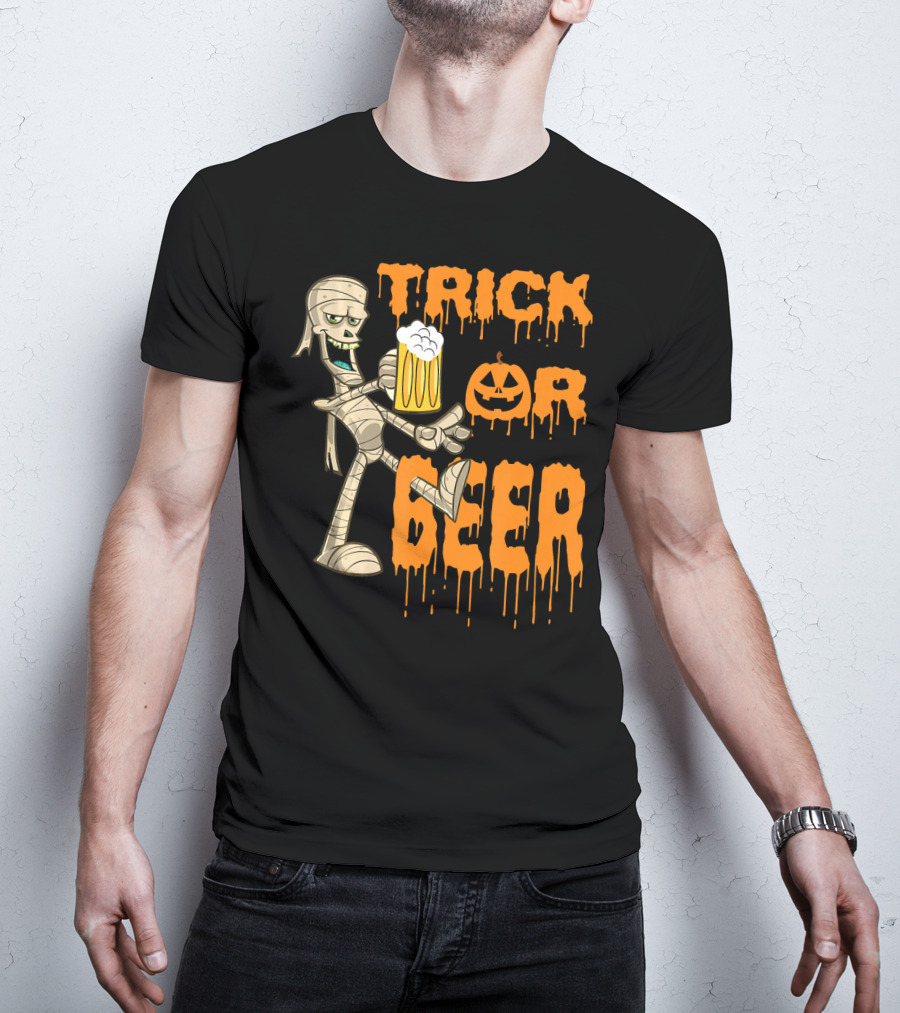 Trick Or Beer Mummy With Pumpkin And Mug T-Shirt