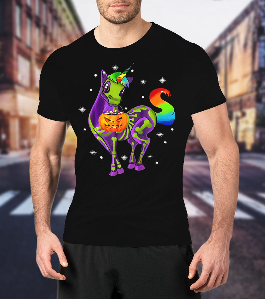 Unicorn Skeleton Pumpkin Rainbow Halloween Magic T-Shirt
