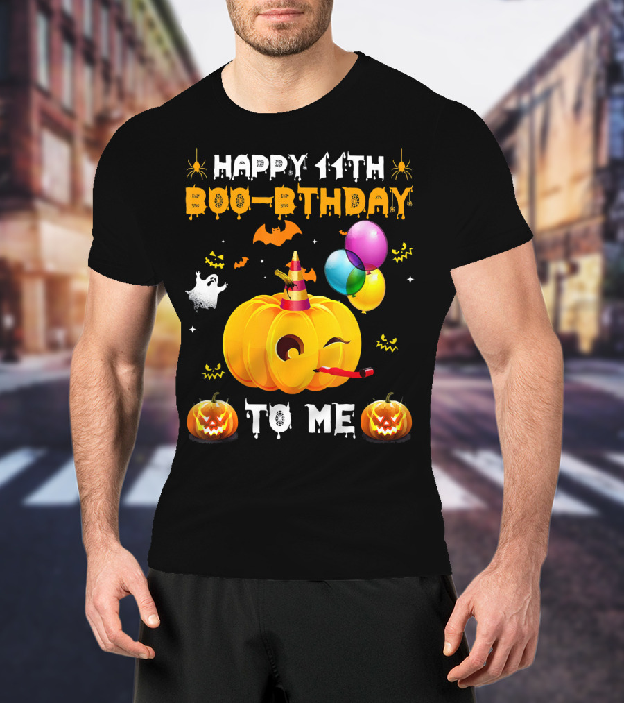 Happy 11th Boo-Pthday To Me Halloween Pumpkin And Balloons T-Shirt