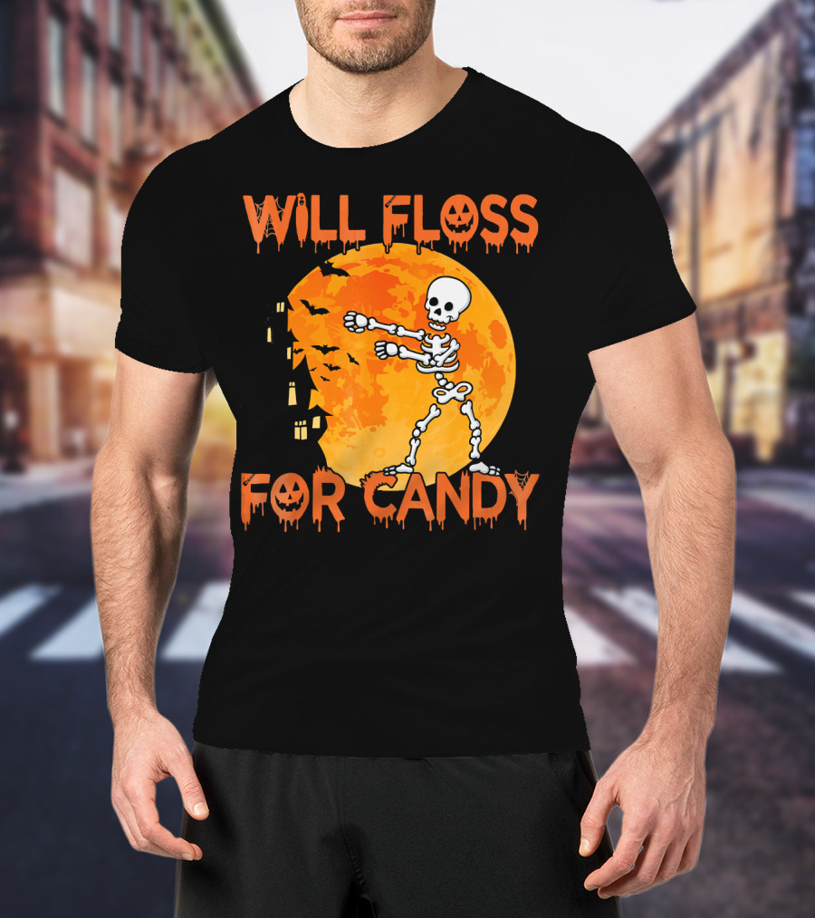 Will Floss For Candy Dancing Skeleton Halloween Moon Bats T-Shirt