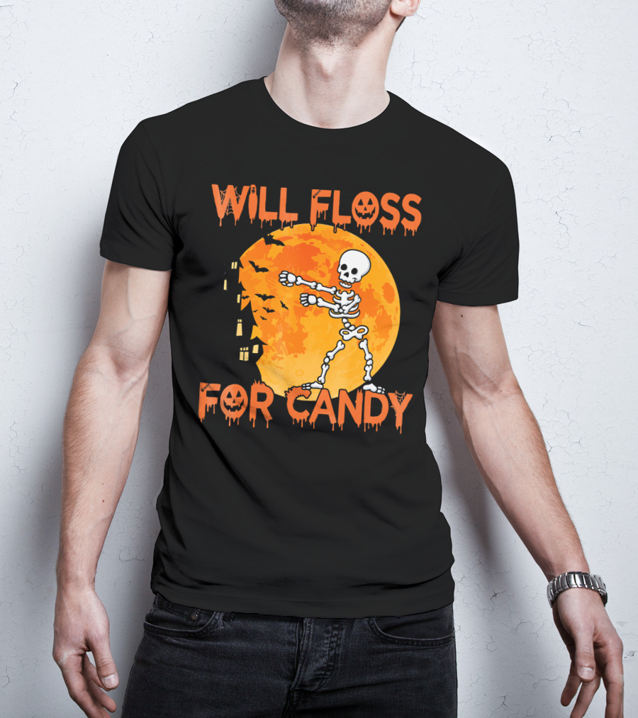 Will Floss For Candy Dancing Skeleton Halloween Moon Bats T-Shirt