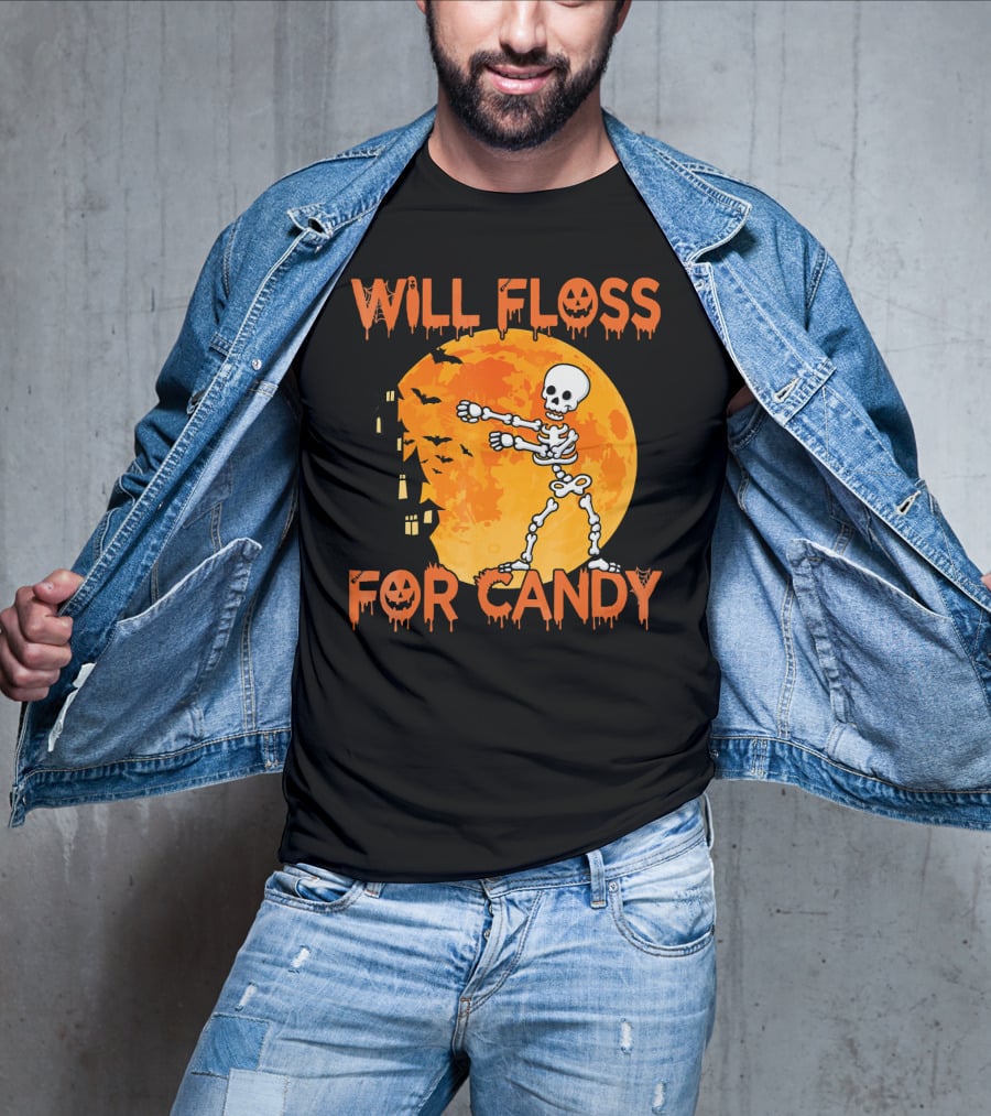 Will Floss For Candy Dancing Skeleton Halloween Moon Bats T-Shirt