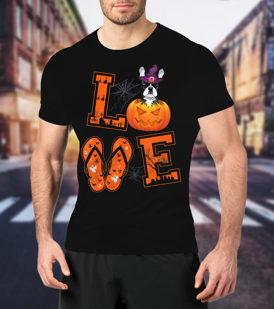 LOVE French Bulldog Pumpkin Halloween Ghosts Spider Webs T-Shirt