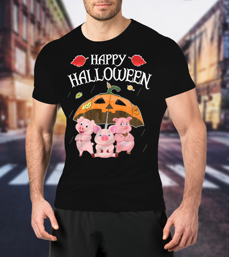 Happy Halloween Pigs Under Jack-o'-Lantern Umbrella T-Shirt
