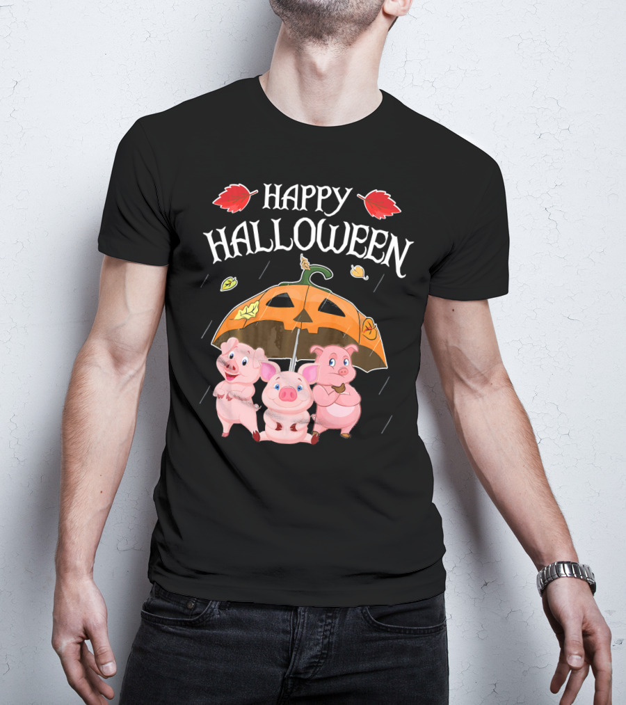 Happy Halloween Pigs Under Jack-o'-Lantern Umbrella T-Shirt
