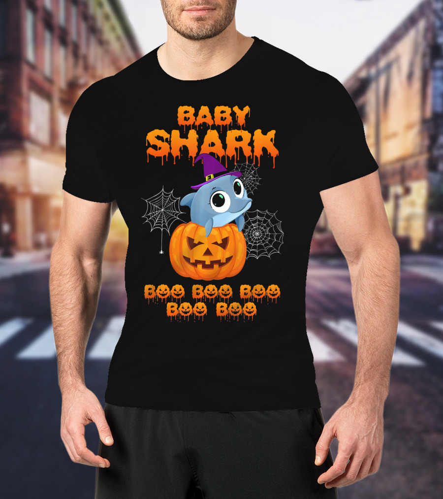 Baby Shark Halloween Boo Boo Boo Pumpkin Witch Hat Spider Webs T-Shirt