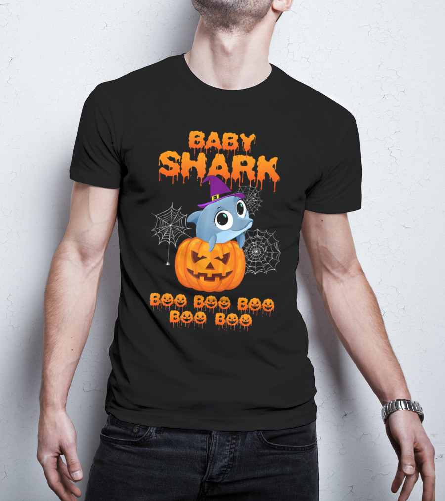 Baby Shark Halloween Boo Boo Boo Pumpkin Witch Hat Spider Webs T-Shirt