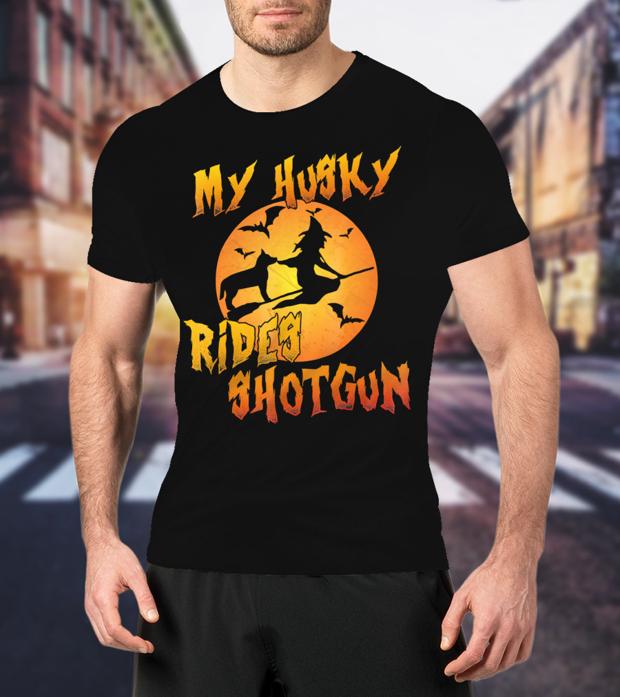 My Husky Rides Shotgun Halloween Witch Moon Bats T-Shirt