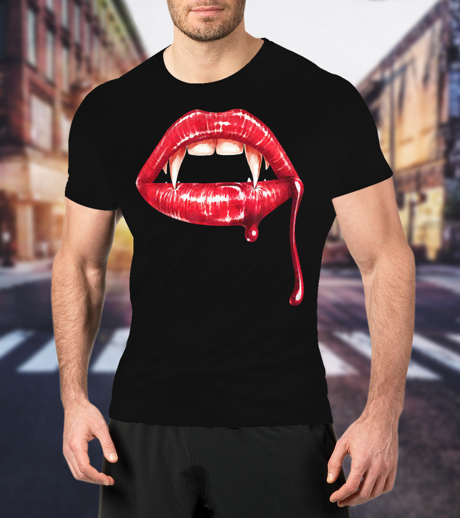Awesome Vampire Fangs Lips With Blood Dripping Dracula T-Shirt