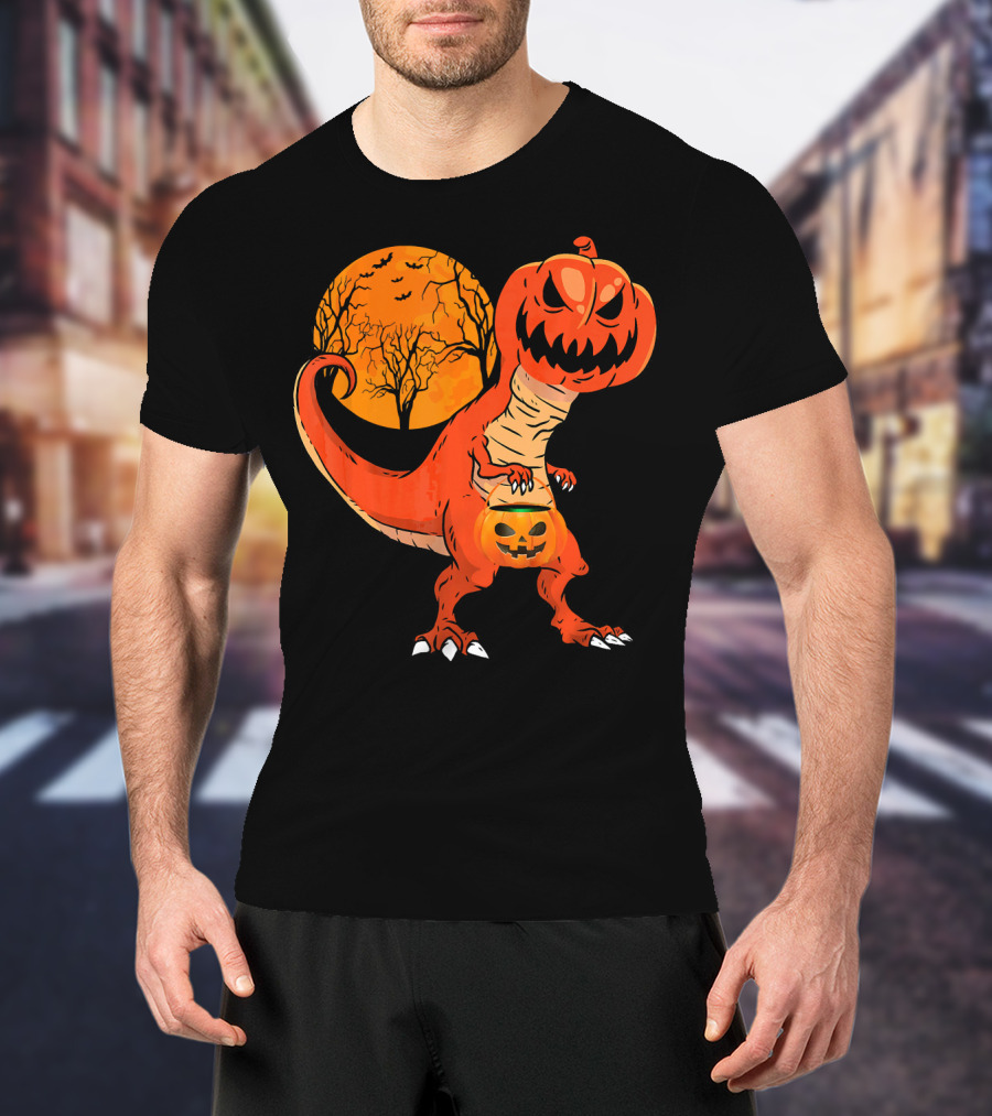 Funny Halloween Dinosaur Pumpkin Head Tree Shadow T-Shirt
