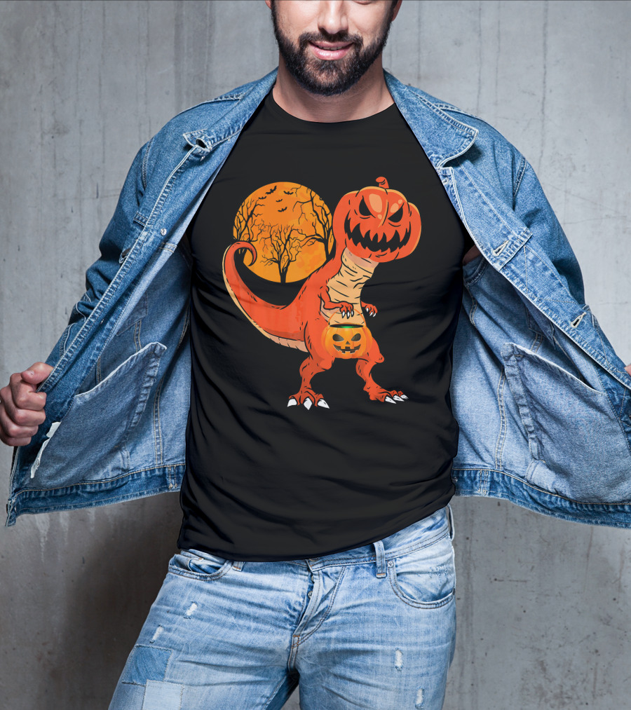 Funny Halloween Dinosaur Pumpkin Head Tree Shadow T-Shirt