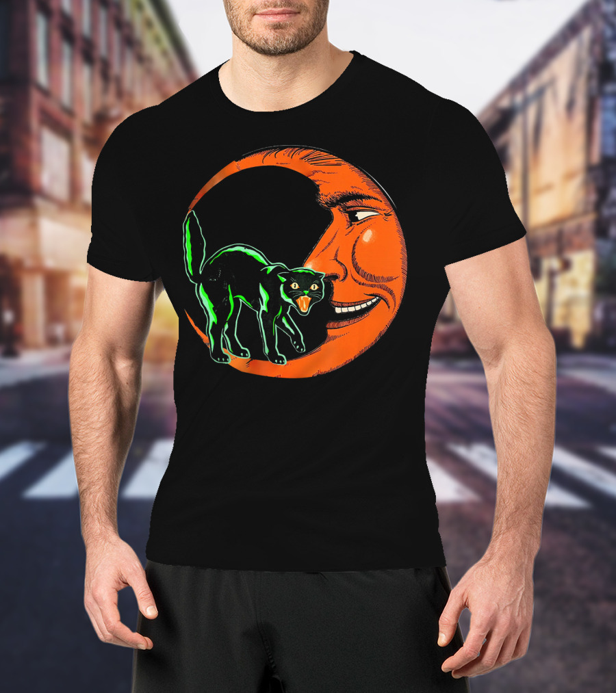 Vintage Halloween Beistle Cat On Crescent Moon T-Shirt