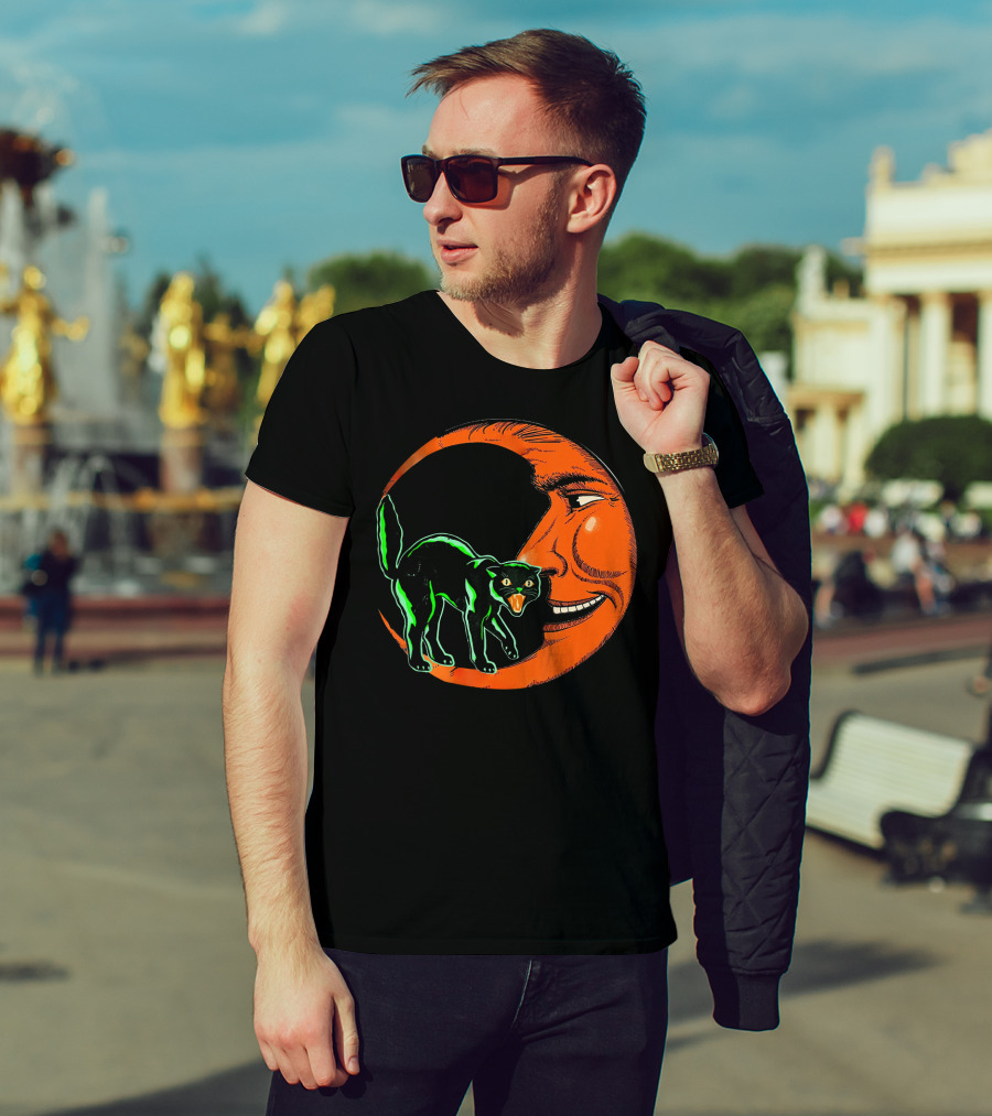 Vintage Halloween Beistle Cat On Crescent Moon T-Shirt