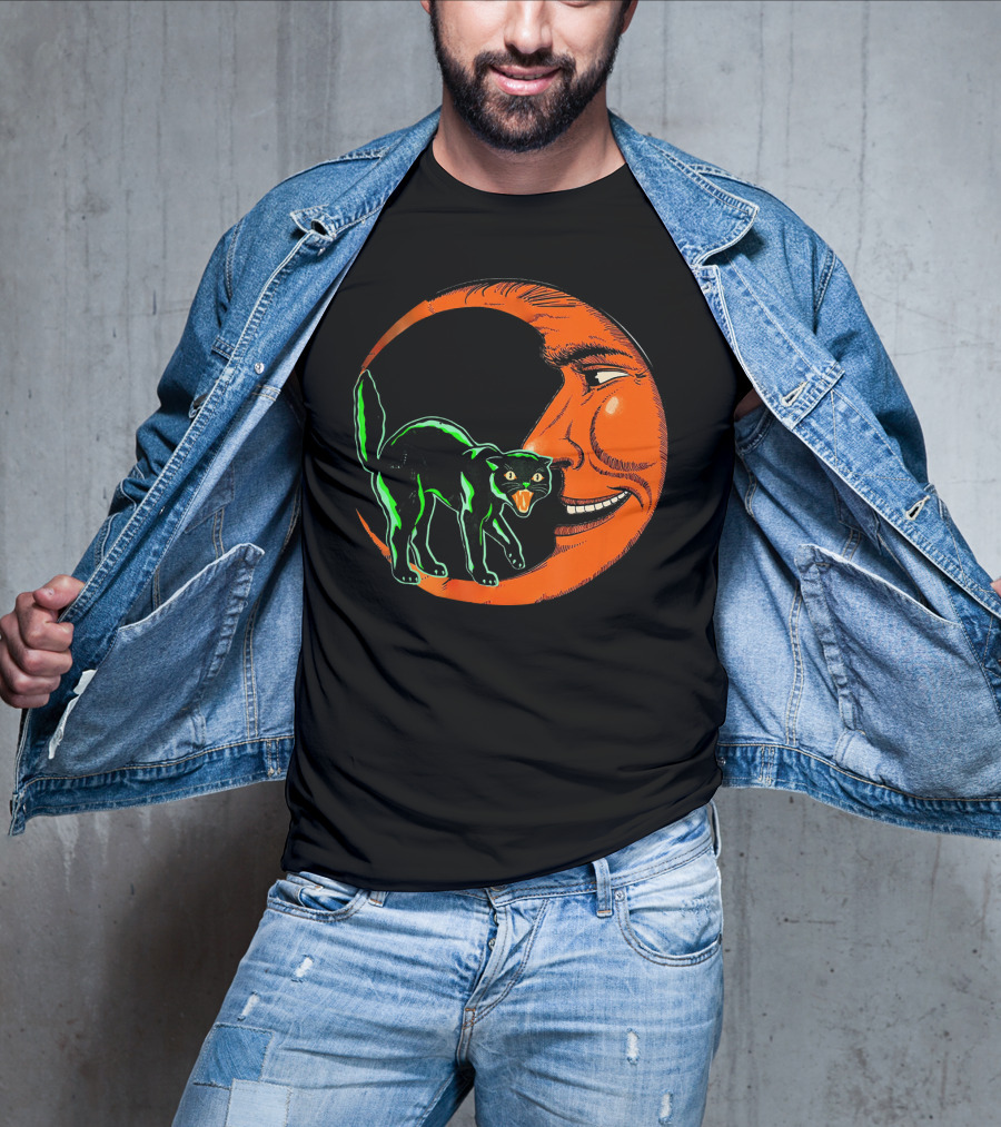 Vintage Halloween Beistle Cat On Crescent Moon T-Shirt