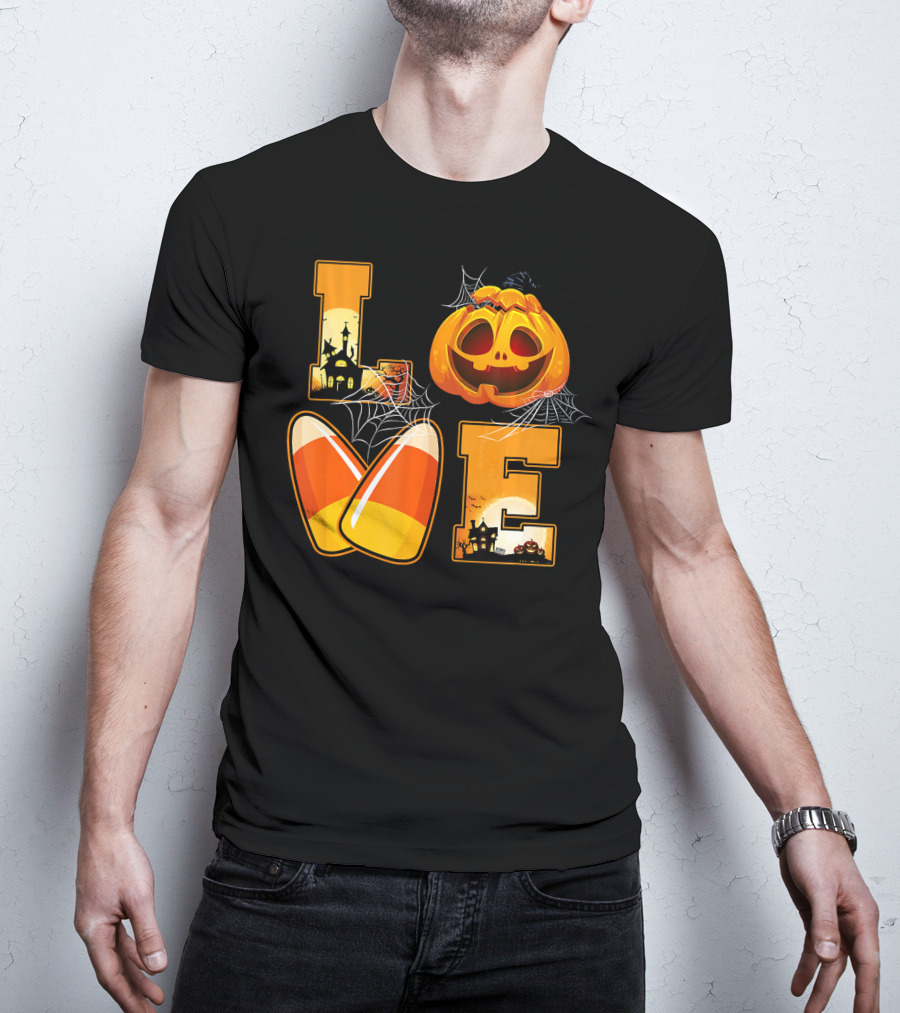 Love Candy Corn Pumpkin Halloween Spiderwebs T-Shirt