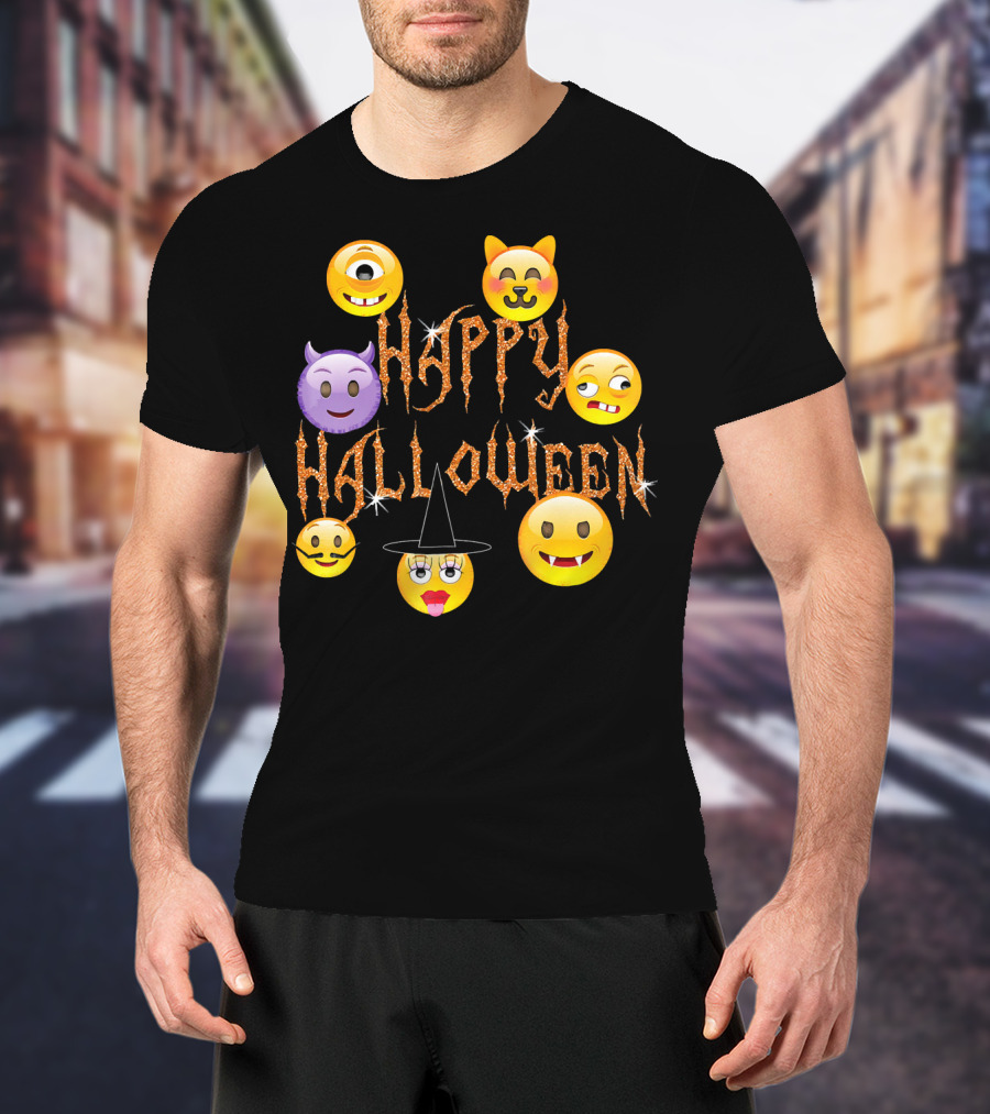 Happy Halloween Emoji Faces Devil Cat Vampire Witch Pumpkin Monster Cyclops T-Shirt