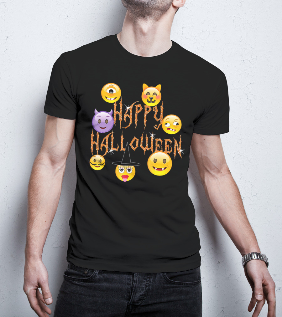 Happy Halloween Emoji Faces Devil Cat Vampire Witch Pumpkin Monster Cyclops T-Shirt