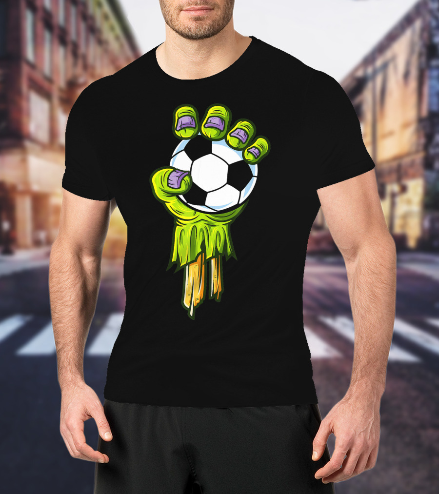 Zombie Hands Grabbing Soccer Ball Funny Horror Scary T-Shirt