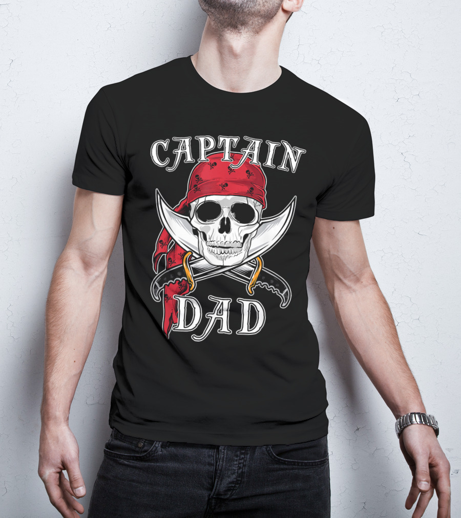 Captain Dad Funny Halloween Pirate Skull Bandana Swords T-Shirt