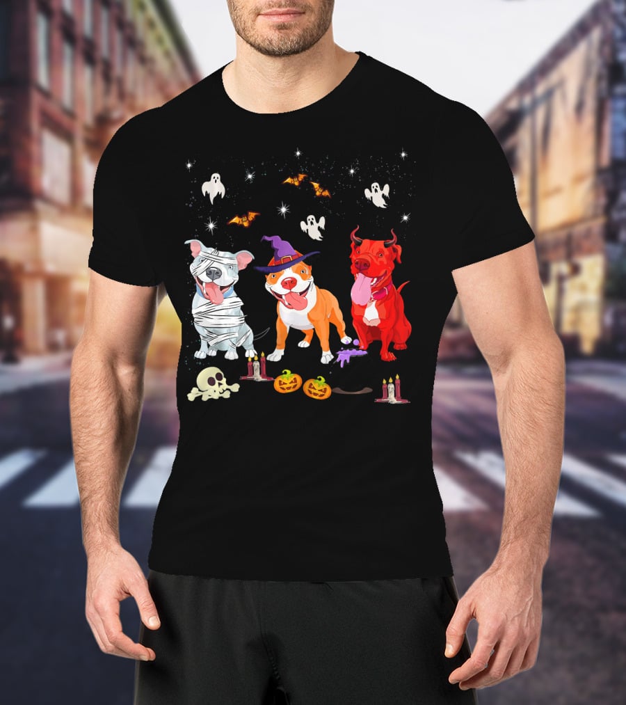 Three Pitbulls Halloween Ghosts Bats Pumpkins Candles Skulls Stars T-Shirt