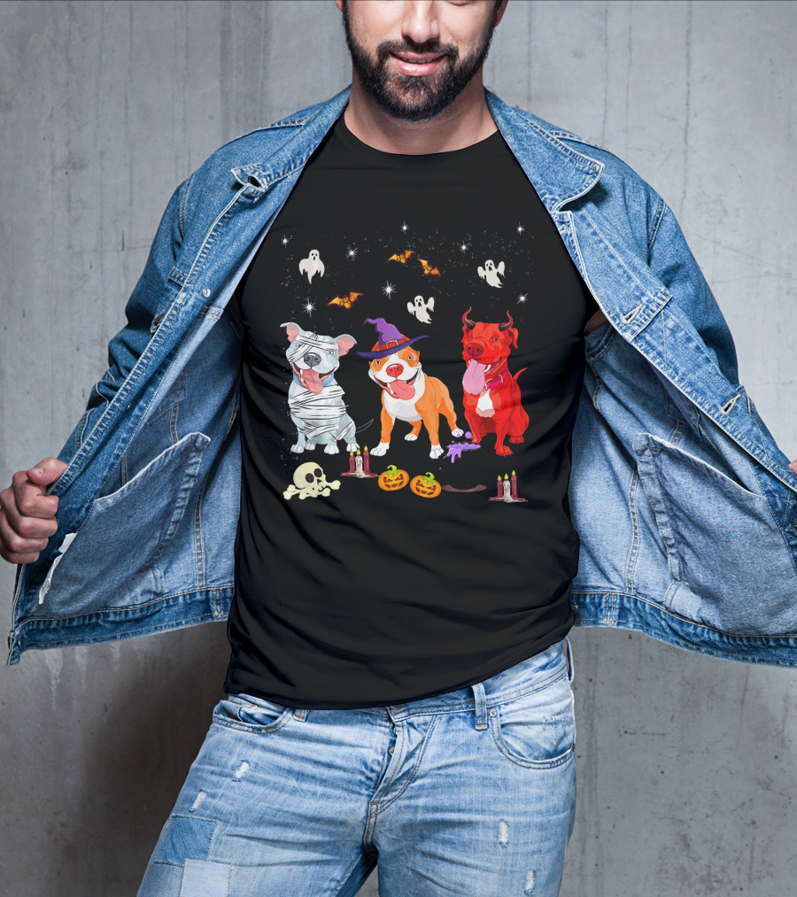 Three Pitbulls Halloween Ghosts Bats Pumpkins Candles Skulls Stars T-Shirt