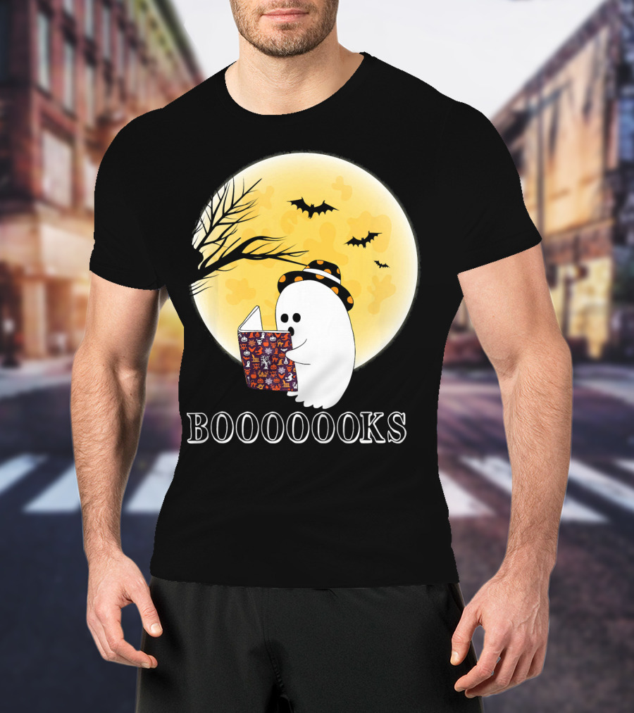 Booooooks Boo Ghost Reading Under The Full Moon Halloween T-Shirt