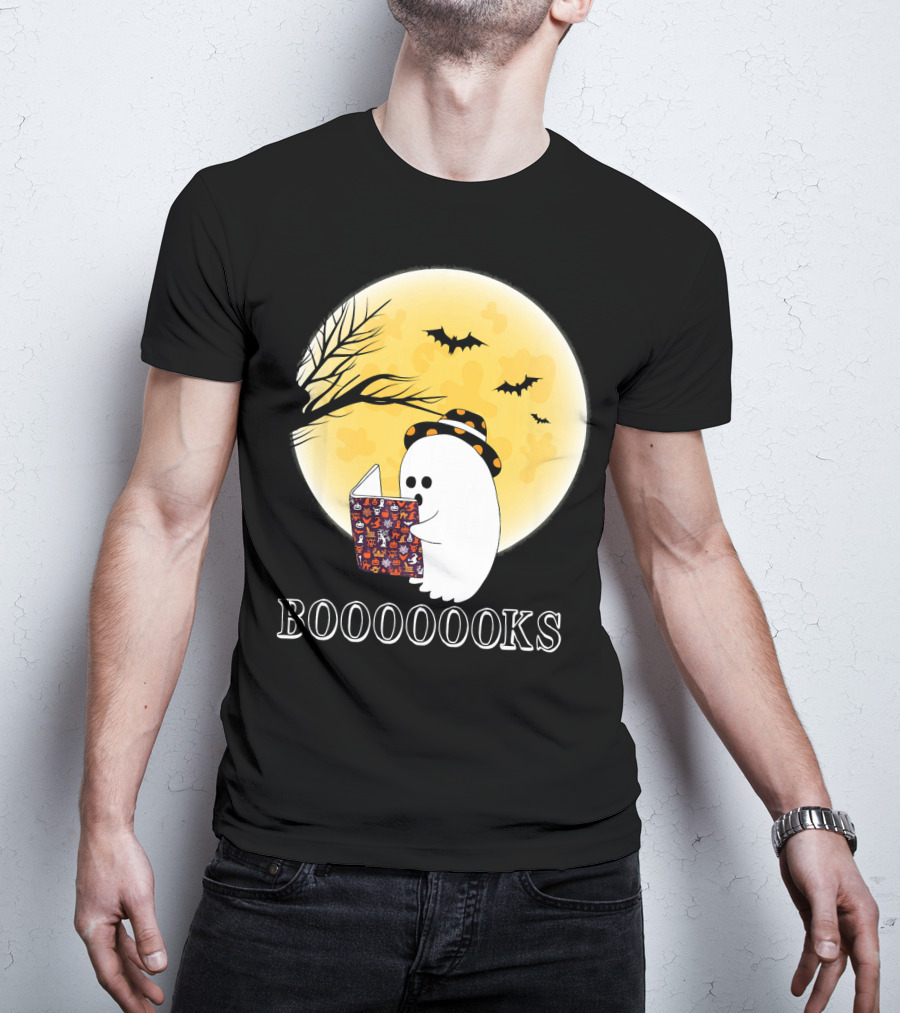 Booooooks Boo Ghost Reading Under The Full Moon Halloween T-Shirt