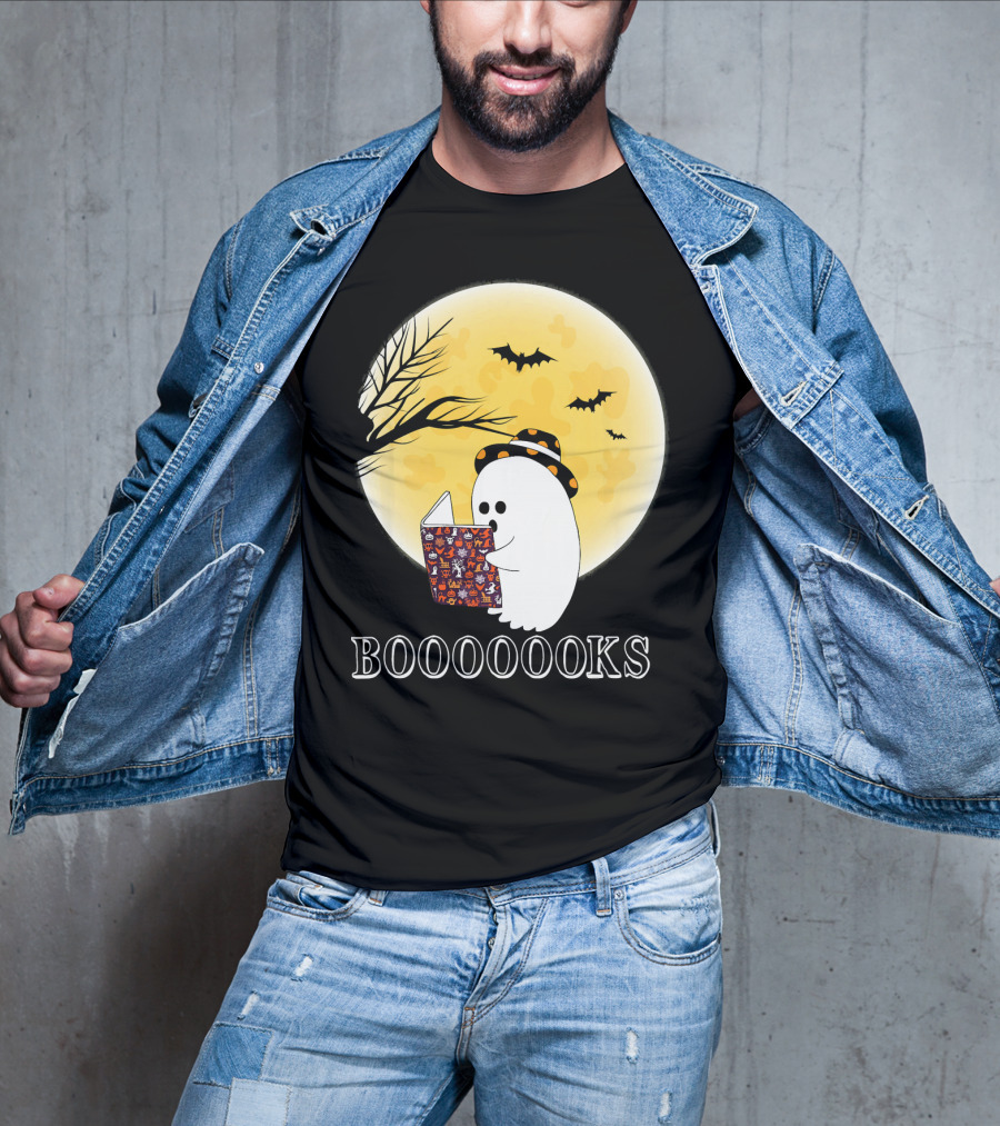 Booooooks Boo Ghost Reading Under The Full Moon Halloween T-Shirt