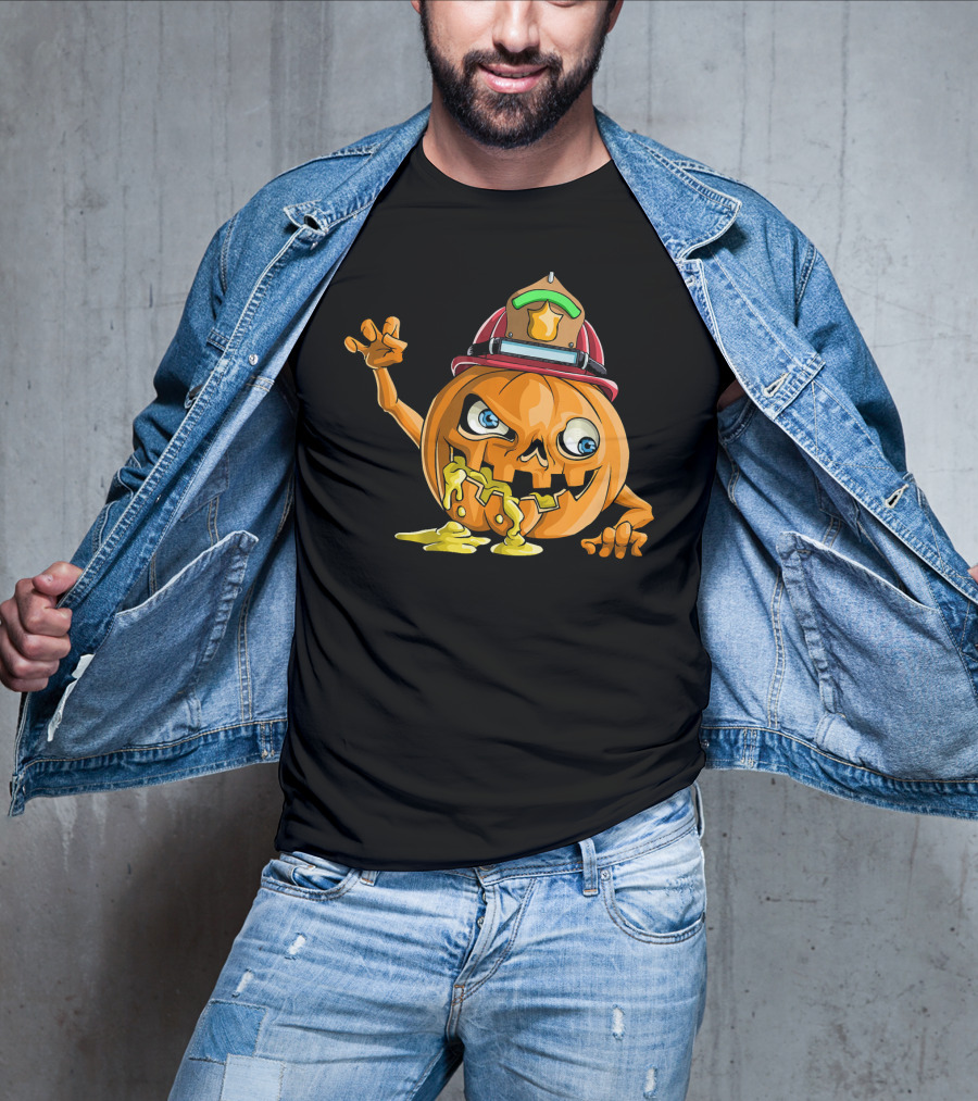 Zombie Pumpkin Firefighter Halloween Jack-O'-Lantern With Fireman's Helmet T-Shirt